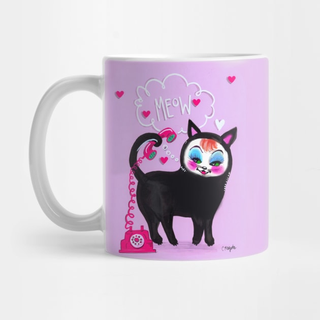 Sassy Cat Black Kitty MEOW with Hearts by Magenta Arts